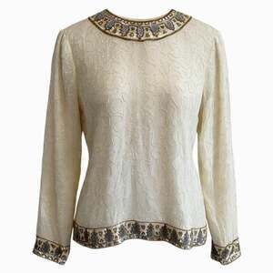 Vintage Laurence Kazar Size Large White Beaded Long Sleeve Silk Top